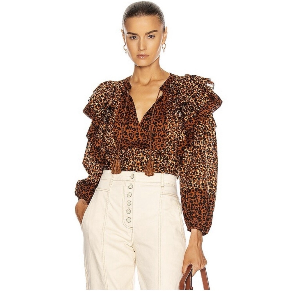 Ulla Johnson Brown Carissa Leopard Animal Print Tassel Tie Ruffle Blouse Top 6